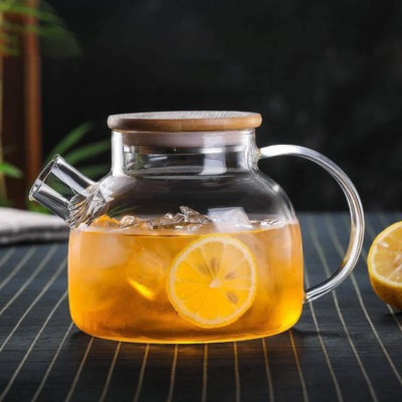 high borosilicate glass teapot with stainless steel bamboo lid large 1l capacity cold kettle heat resistant for flower     iced beverages details 4