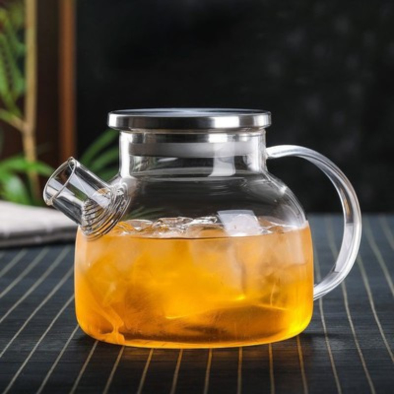 high borosilicate glass teapot with stainless steel bamboo lid large 1l capacity cold kettle heat resistant for flower     iced beverages details 5