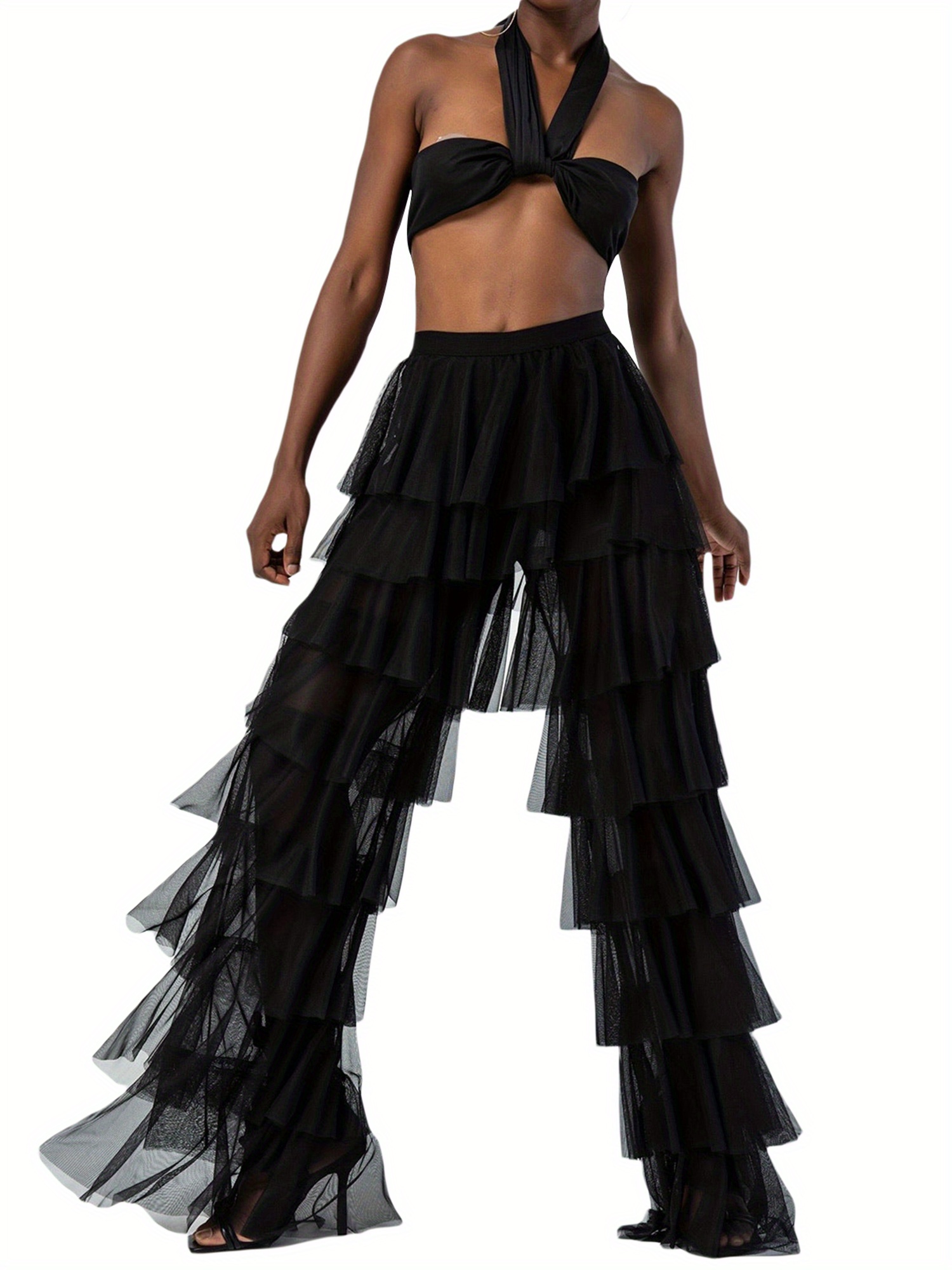 women layered ruffle tulle pants high waist wide leg long - Temu