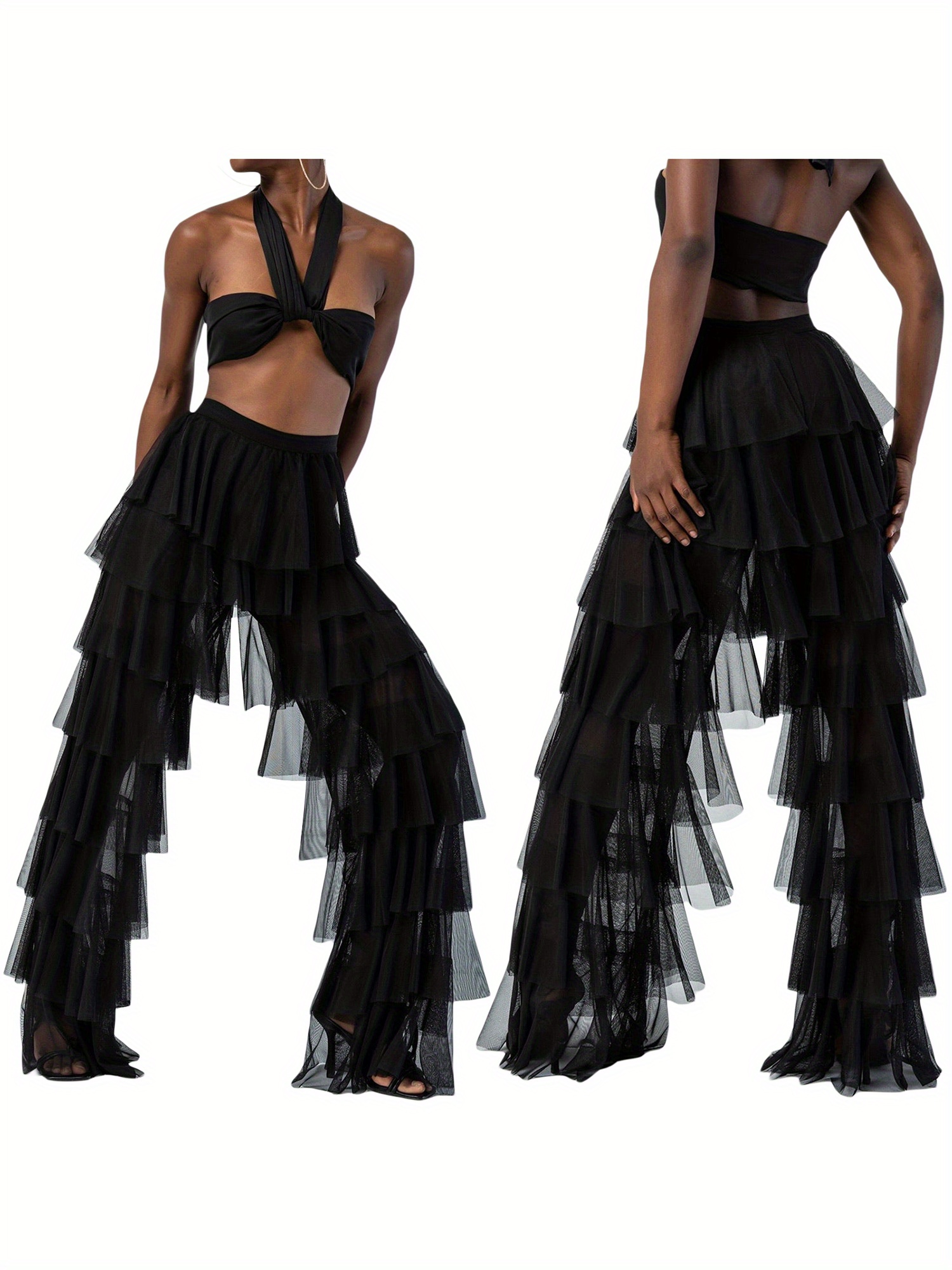 women tulle pants y2k multi layered long pants ruffle tiered