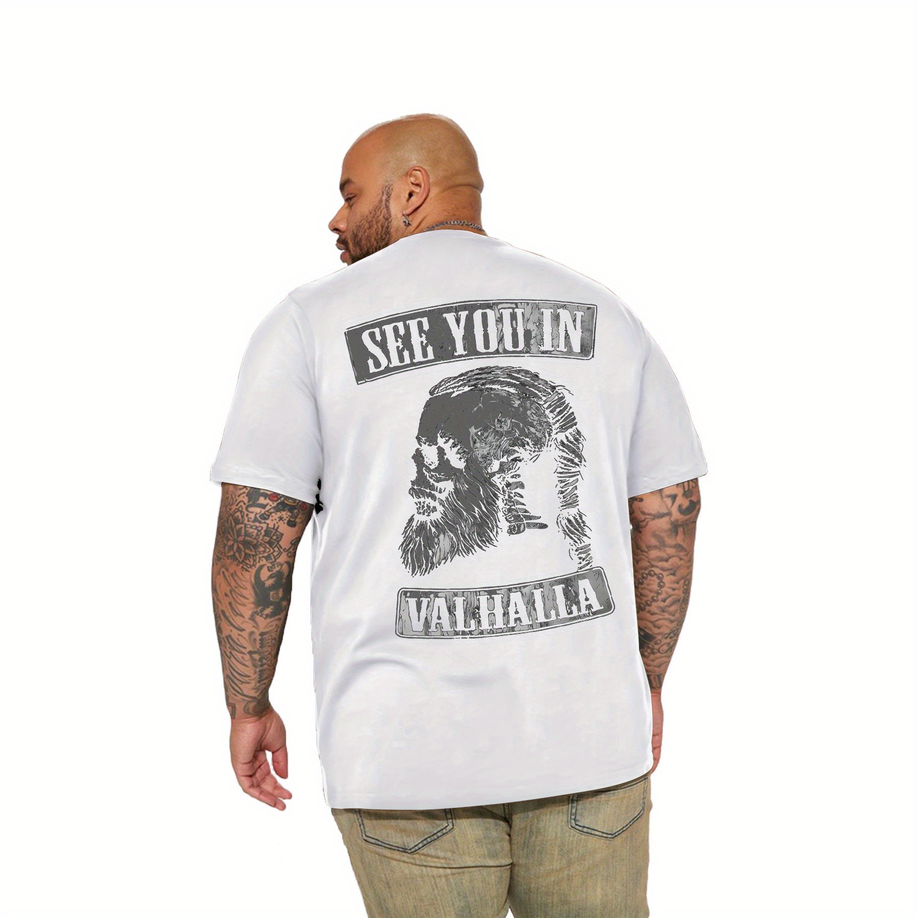 

See You In Valhalla Letter Print Plus Size Men's Round-neck Short-sleeve Casual Comfy Slightly Stretch Summer T-shirt, Ideal Clothing For Summer Holiday