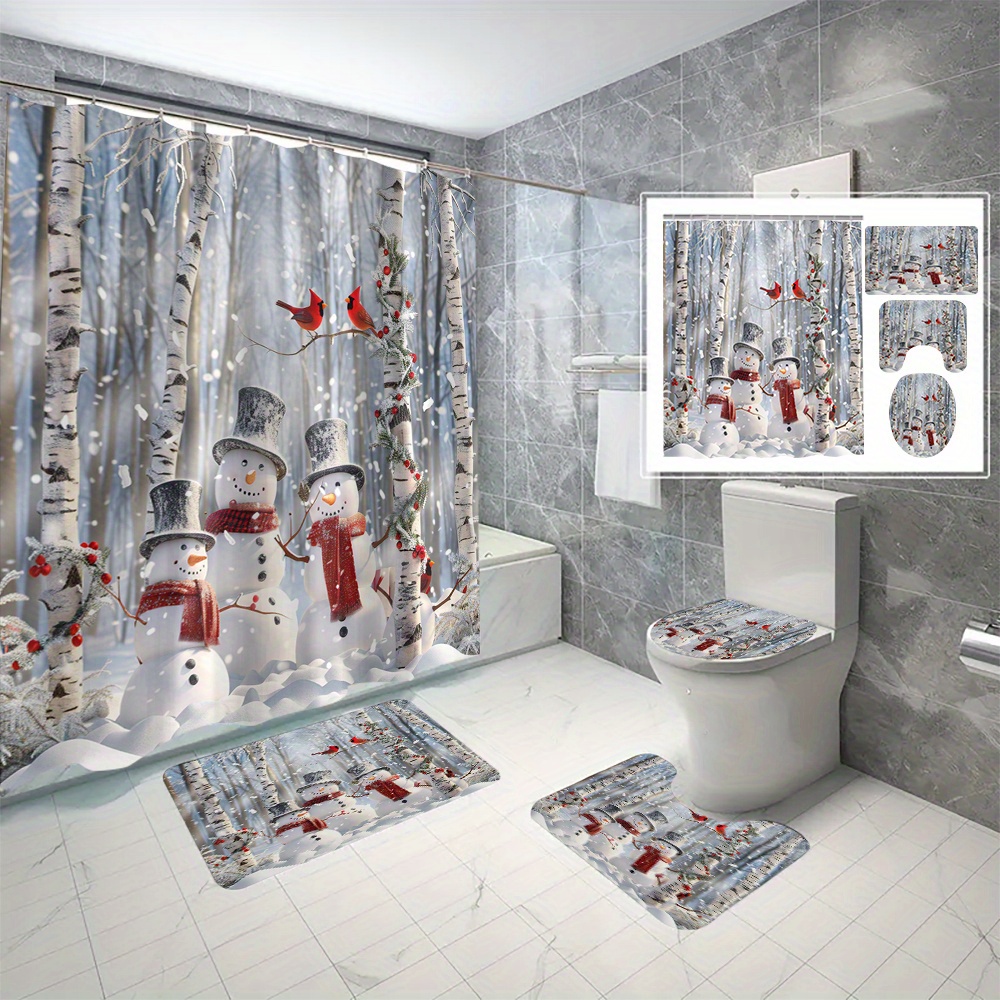 

4pcs Snowman & Birch Tree Shower Curtain Set - Waterproof Polyester, Includes Hooks, Machine Washable - Perfect For All Seasons