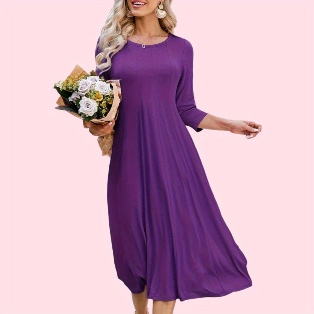 

Solid Color Crew Neck Midi Dress, Casual 3/4 Sleeve Flowy Dress For Everyday Wear, Women's Clothing