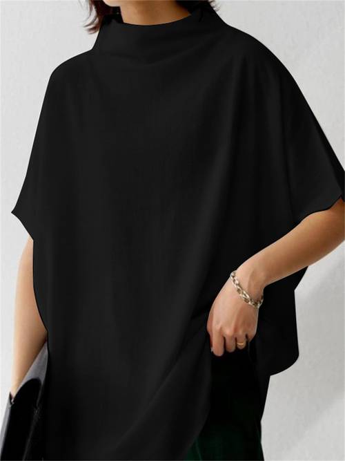 womens plus size high neck batwing sleeve blouse loose fit short sleeve summer top solid color casual shirt machine washable casual attire minimalistic design nontransparent fabric