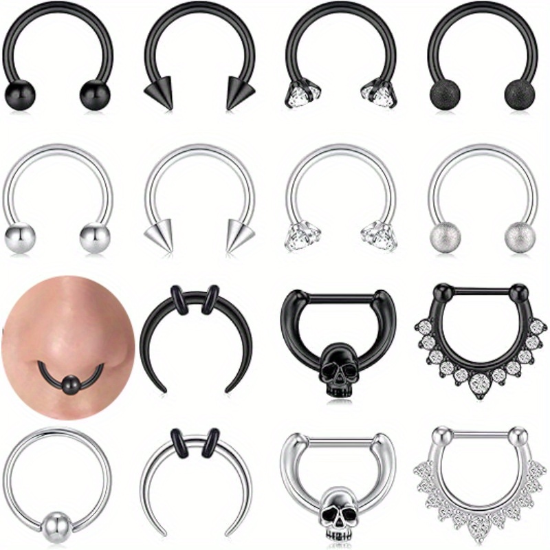 

D.bella 16pcs 16g Septum Nose Rings Stainless Steel Hinged Seamless Nose Hoop Ring Horseshoe Piercing Jewelry Bead Ring Daith Tragus Earrings For Women Men