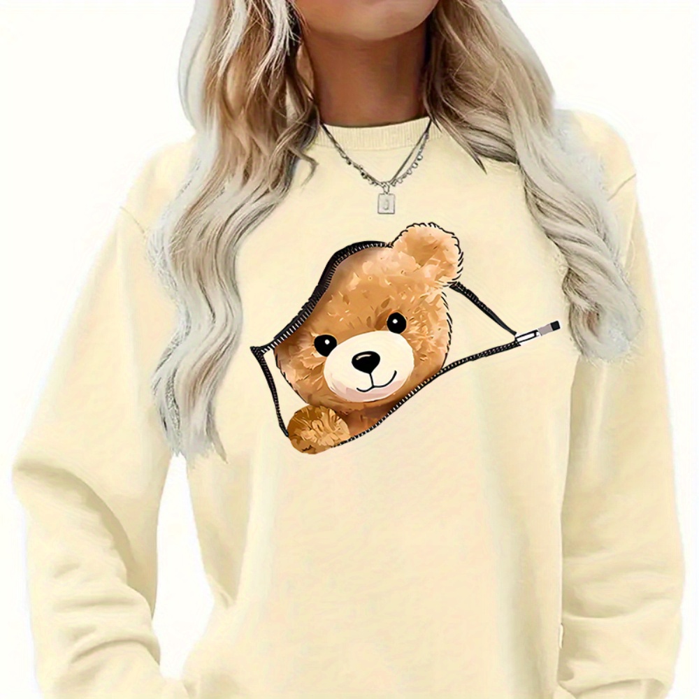 

Teddy Bear Print Sweatshirt, Long Sleeve Crew Neck Casual Sweatshirt For Winter & Fall, Women's Clothing