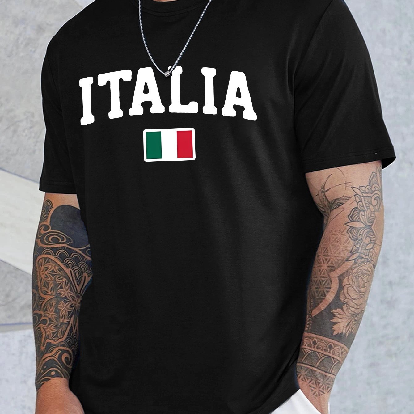 

Italia Print Round Neck Comfortable Short-sleeve Shirt With New Men's Fashion Pattern Print, Suitable For Casual Daily Outdoor Activities At Home