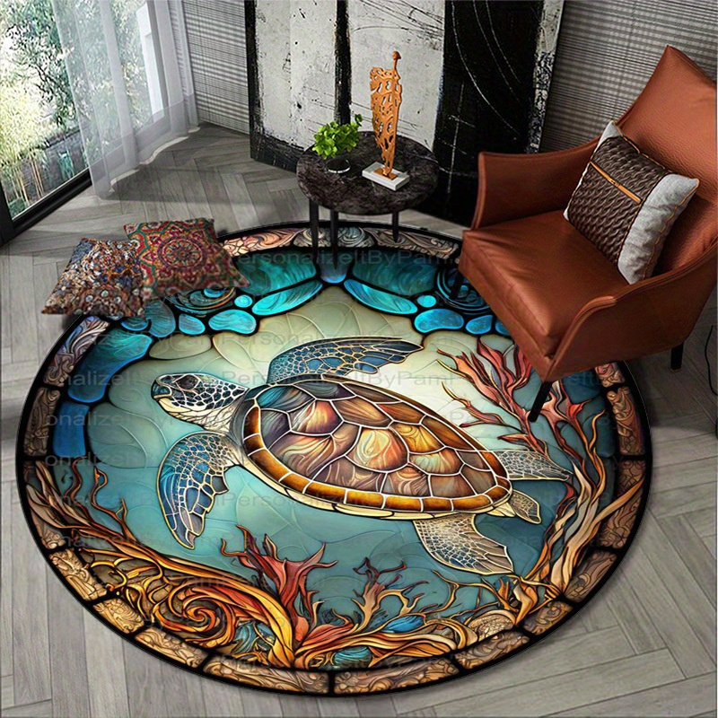 

1pc Sea Turtle Stained Glass Round Mat – Soft Velvet, Slip-resistant, Vibrant With Coral & Sea Turtles – Living Room, Bedroom, Or Hotel Entrance Decor, Turtle Decor