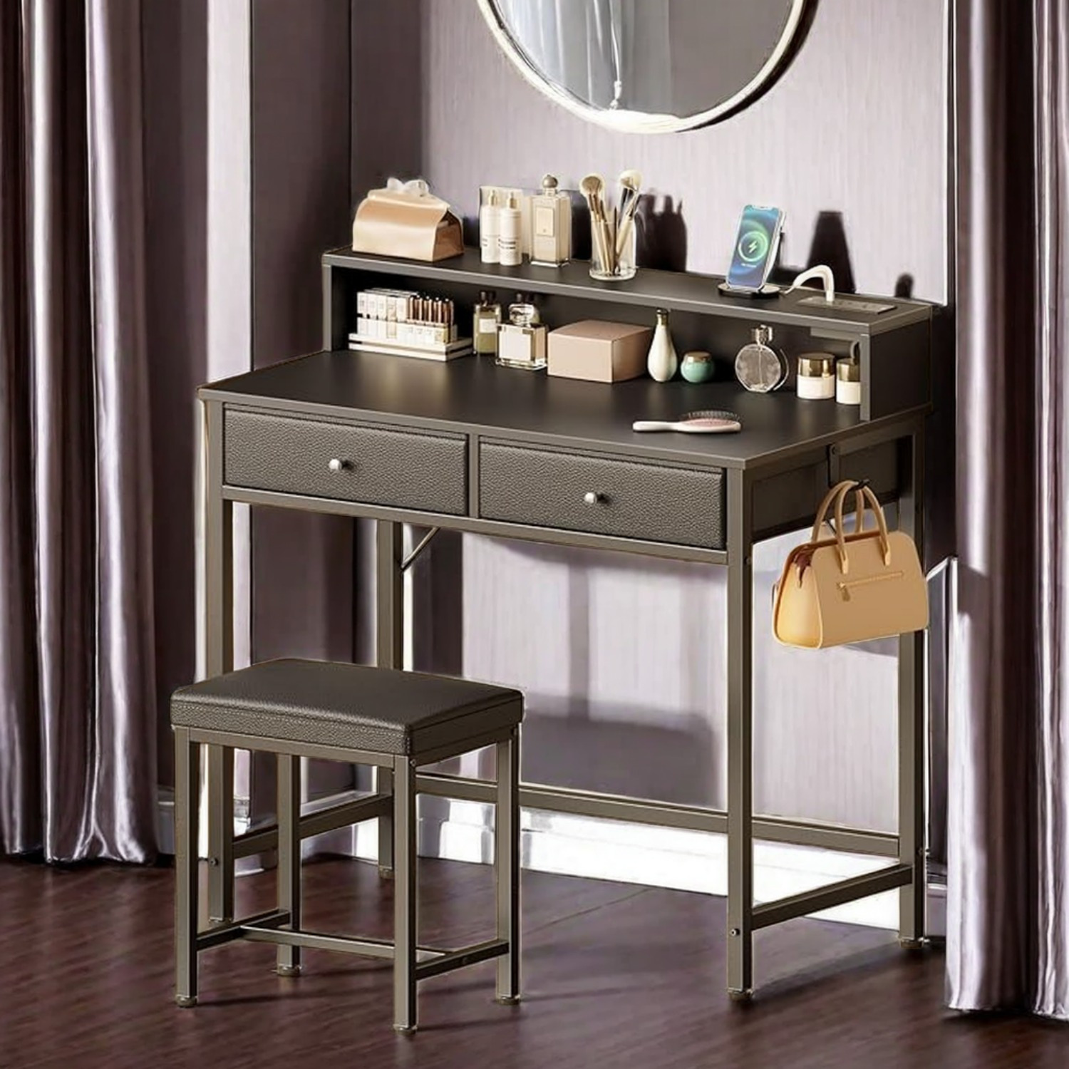 

Vanity Desk Without Mirror, Makeup Vanity With Drawers And Charging Station, Small Desk With Storage For Bedroom, Simple Home Office Computer Desk For Small Spaces, Black