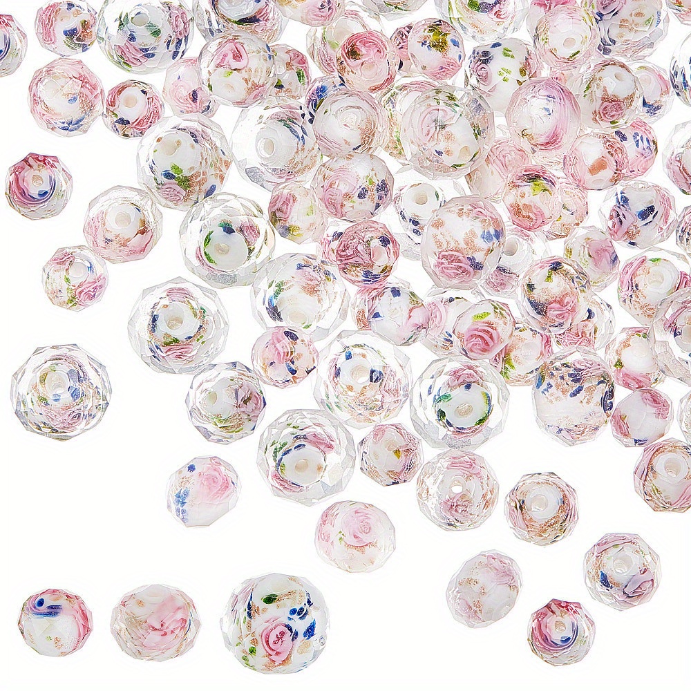 

1box About 87pcs Floral Lampwork Beads Golden Beads Glass Beads Pink Loose Beads Crystal Spacer Beads For Necklace Bracelet Earring Jewellery Making 8/ 10/ 12mm