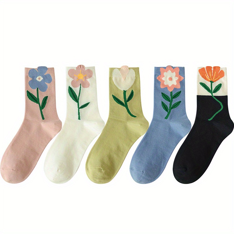 

5pairs Women's Socks Cartoon Flower Print Candy Color Harajuku Kawaii Mid Length Socks Breathable Casual Short Socks