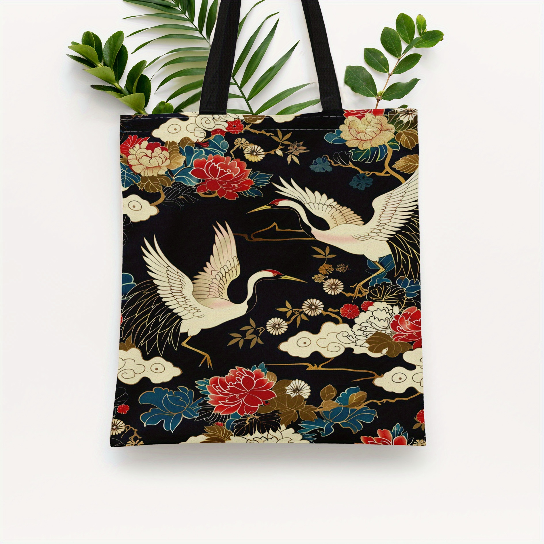 

Japanese-inspired Tote Bag With Crane And Floral Print, No Closure, Unlined, Reusable Shopping Bag (1pc)