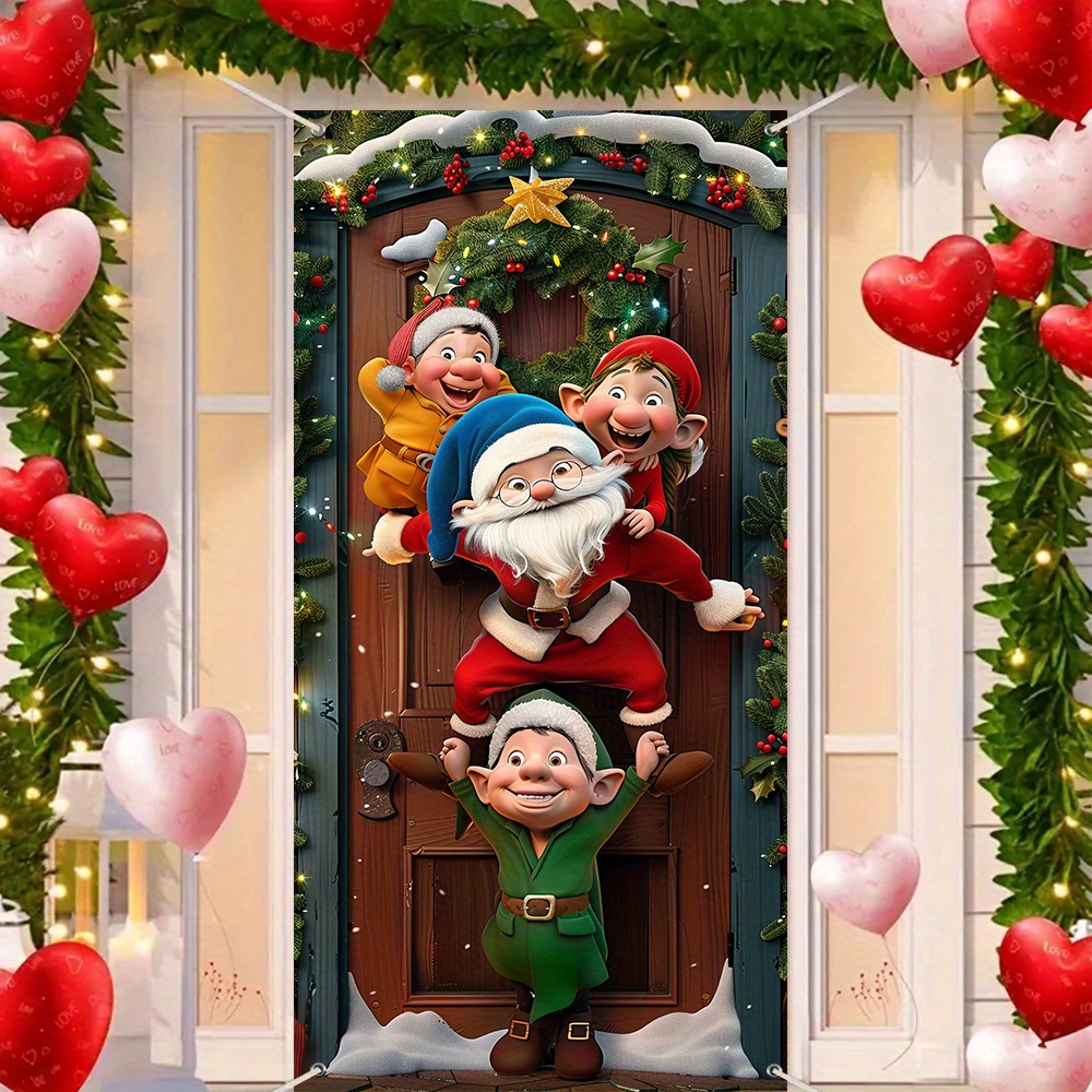 

Festive Christmas Door Decoration: Polyester Santa Claus And Elves Hanging Banner (35.4in X 70.8in / 90cm X 180cm)