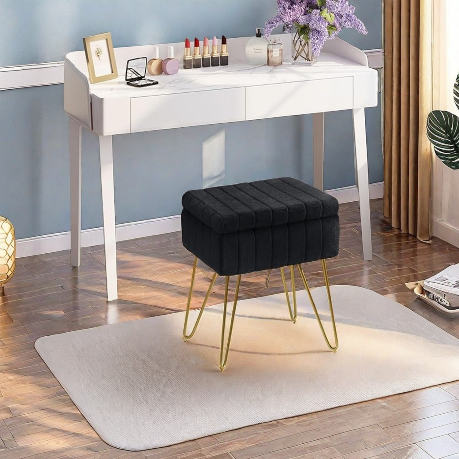 

Greenstell Vanity Stool Chair Faux Fur With Storage, 15.7"l X 11.8"w X 19.4"h Soft Ottoman 4 Metal Legs With Anti-slip Feet, Furry Padded Seat, Modern Multifunctional Chairs For Makeup, Bedroom