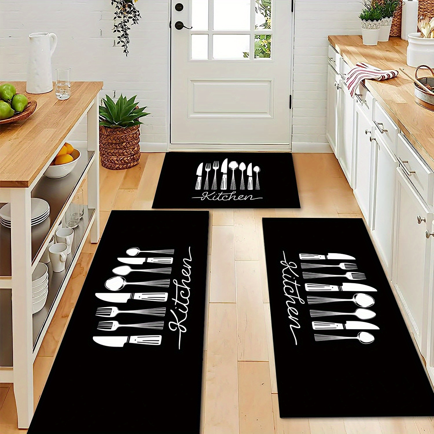 

3-piece Kitchen Area Rug Set, Non-slip Absorbent Polyester Flannel Mats For Bedroom, Living Room, Indoor Use - Washable And Oil-proof Floor Carpets With Utensil Design