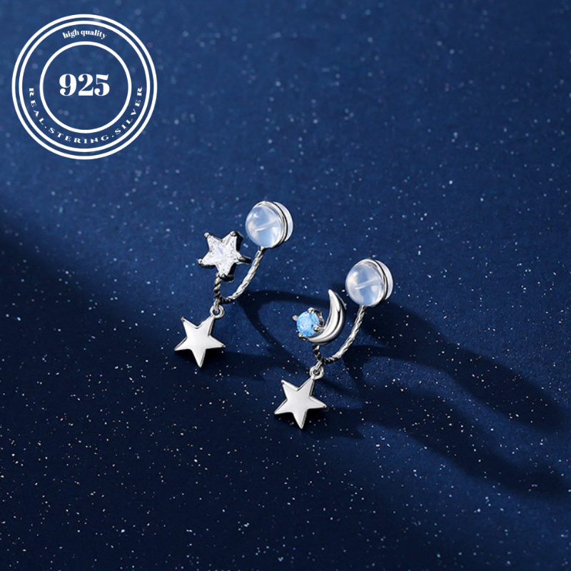 

S925 Sterling Silver Asymmetrical Clip Earrings Star And Moon Inset Zirconia Ear Clip Exquisite Pendant Star And Moon Ramadan Earrings Jewelry.1.55g/ 0.05oz