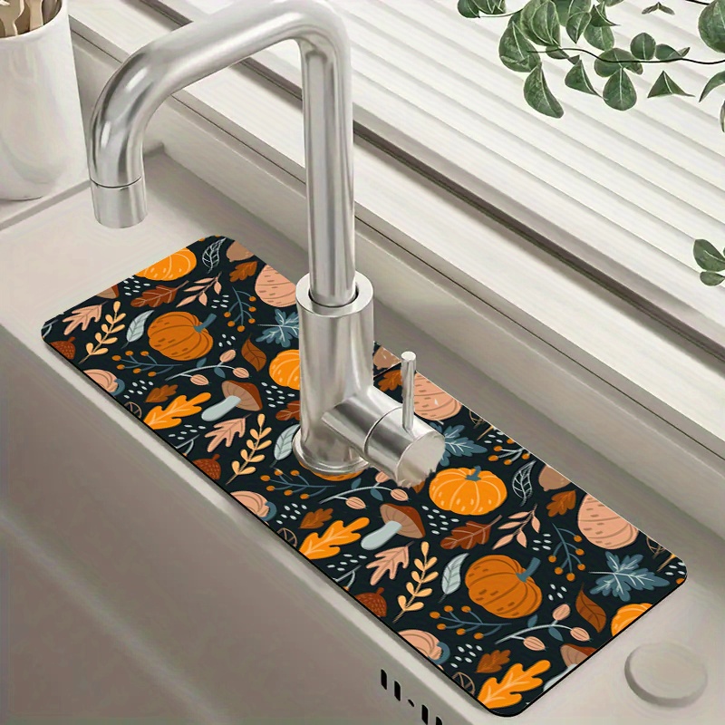 

Autumn Harvest Pumpkin & Leaf Print Faucet Mat - Multi-purpose Draining Pad For Kitchen & Bathroom Sinks, Protects Faucets From Water Damage