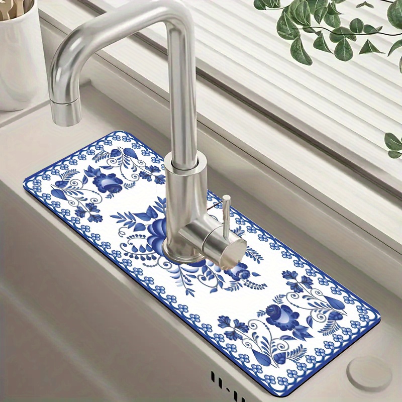 

1pc Floral Pattern Faucet Absorbent Mat For Kitchen And Bathroom - Quick Dry Sink Surround Pad With Synthesis100 Technology And Polyester, Decorative Countertop Protection