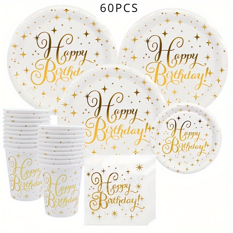 Image of 60pcs, White And Golden Happy Birthday Tableware Set, Disposable Plates, Dinner Plates, Dessert Plates, Paper Cups, Paper Napkins For Birthday Wedding Holiday Event Party, Party Decoration Supplies