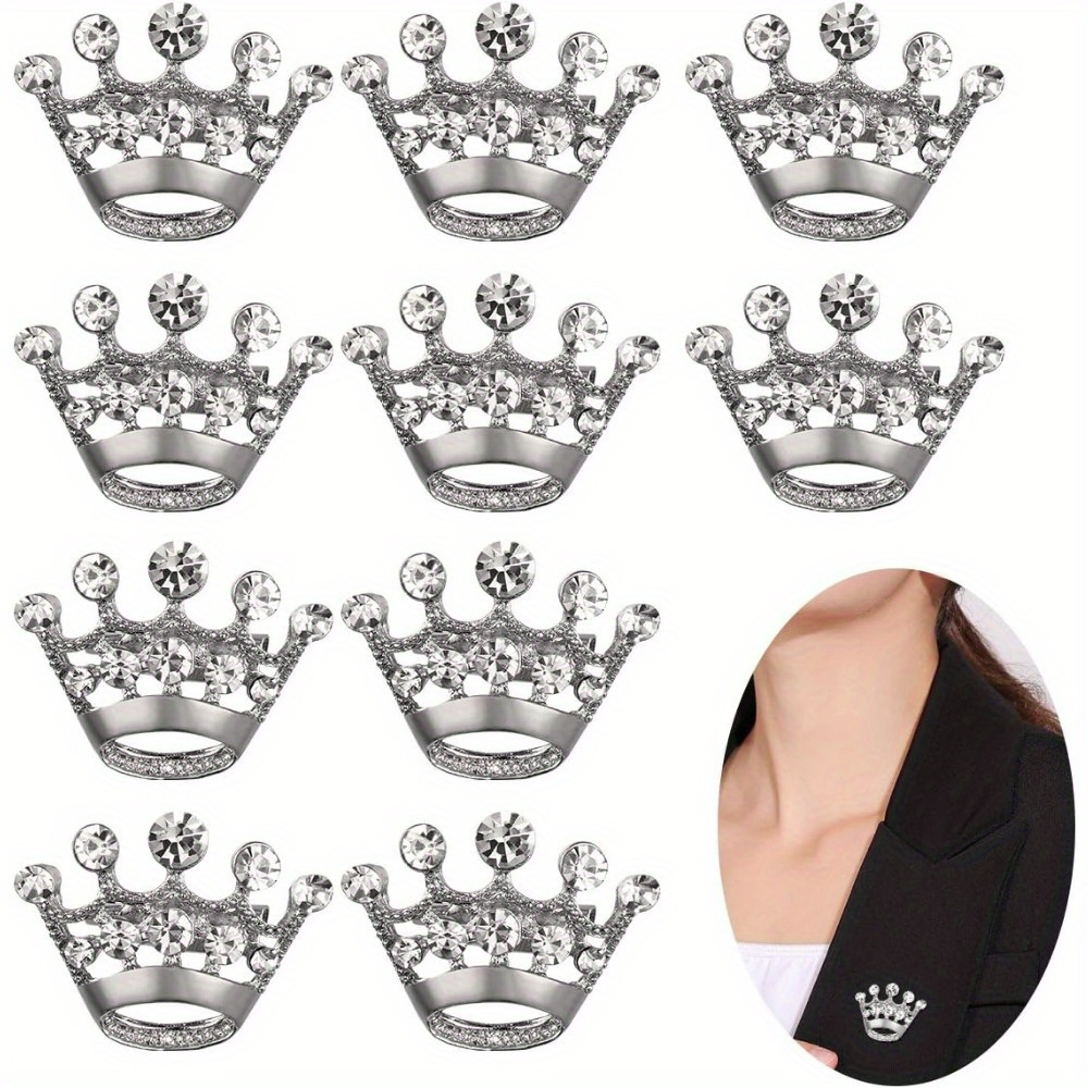 Image of 12pcs Crown Brooch Pins, Alloy Party Tiara Corsage With Synthetic Gemstones, Versatile Accessory For Daily & Party Occasions, For Wedding, Valentine's Day & Pageants