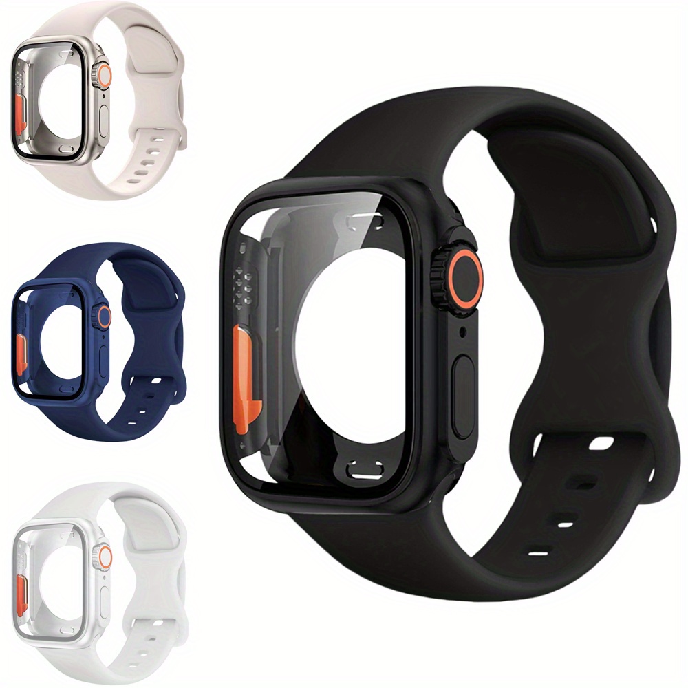 

Soft Silicone Sport Watch Band With Screen Protector Case For Iwatch /5/6/7/8/9/se - Waterproof, Full Coverage Protection, Adjustable - Fits 45mm/44mm/41mm/40mm Models In Black, White, Navy Blue