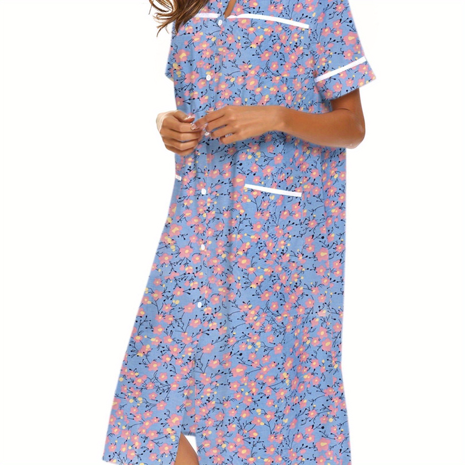 

Women's Tropical Floral Print Button-front Lounge Dress With Pockets, Short Sleeve Round Neck Comfortable House Robe