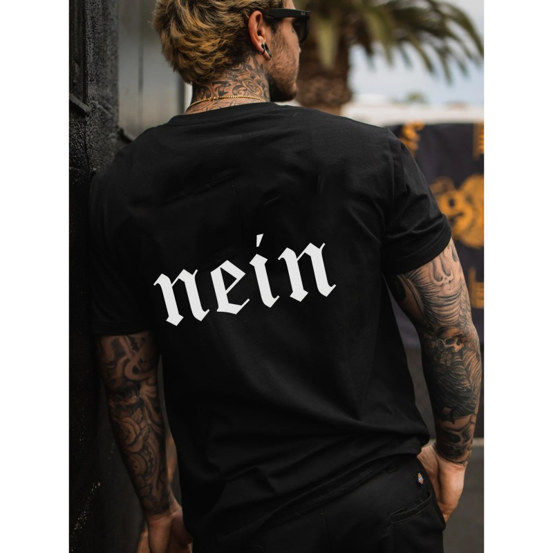 

Nein Germany Slogan Print, Men's Casual Round Neck Summer T-shirt, Comfy Versatile Outdoor Top For Daily Wear