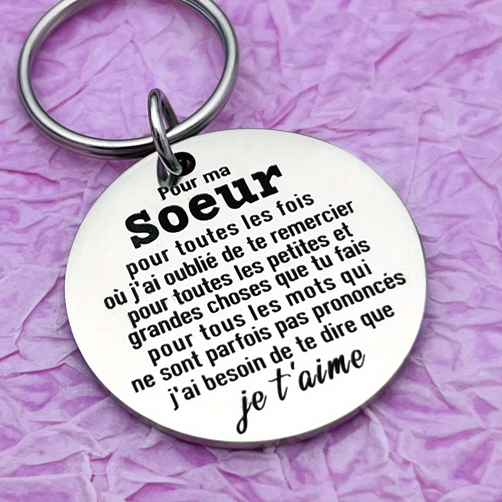 

Stainless Steel Sister Keychain With French Quote - Engraved Inspirational Message, Round Key Ring For Women, Christmas & Valentine's Day Classic Alphabet Themed Gift, Single Piece