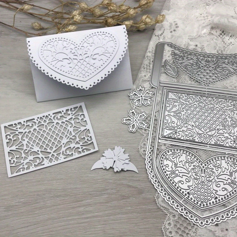 

A Single Piece Of Metal Cutting Dies Used For Creating Lace Envelope Decorations In Scrapbooking And Paper Crafting, Featuring Blade Punches And Stencils.