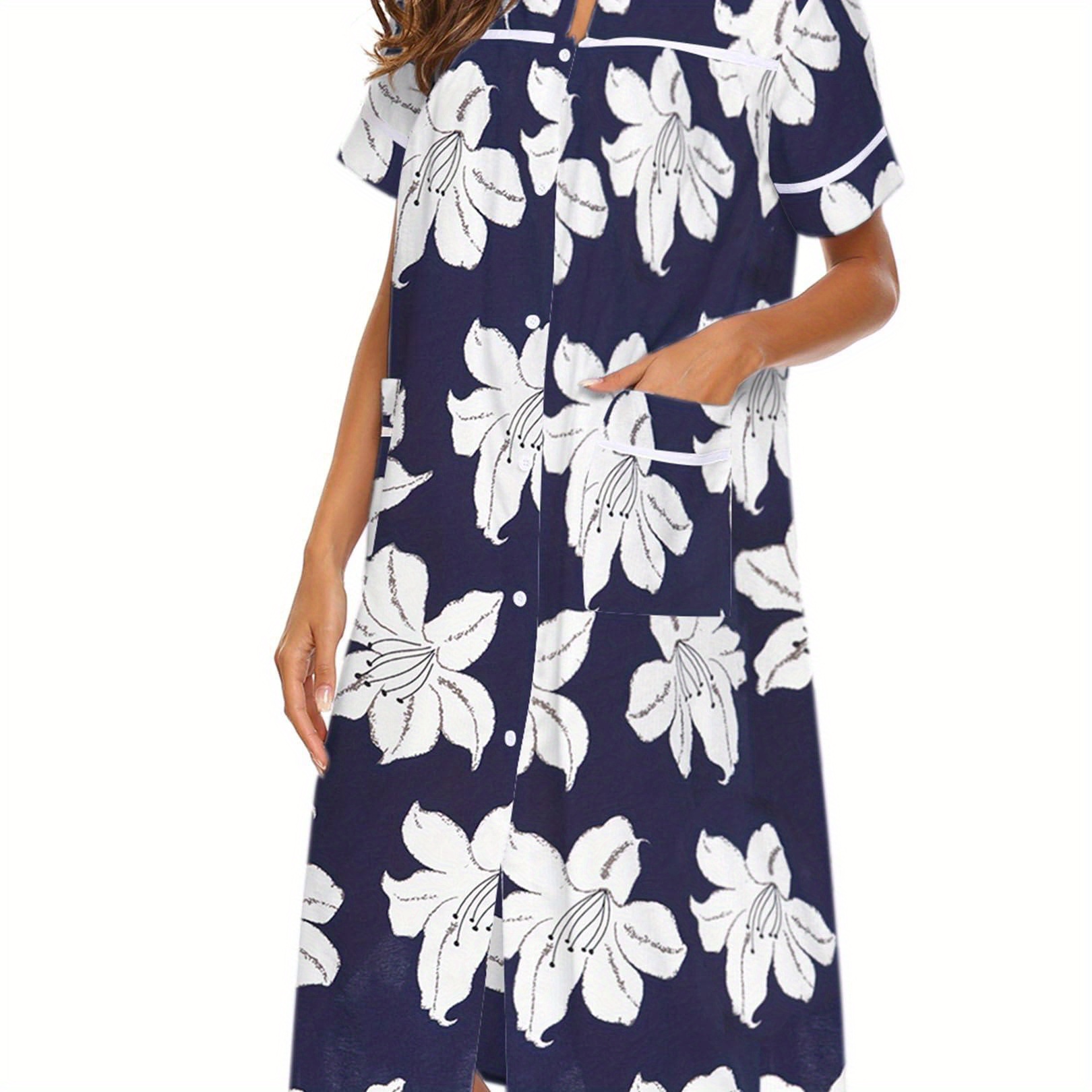 

Women's Tropical Floral Print Button-front Lounge Dress With Pockets, Short Sleeve Round Neck Comfortable House Robe
