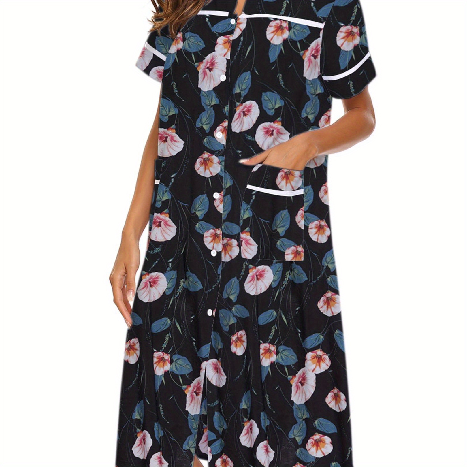 

Women's Tropical Floral Print Button-front Lounge Dress With Pockets, Short Sleeve Round Neck Comfortable House Robe