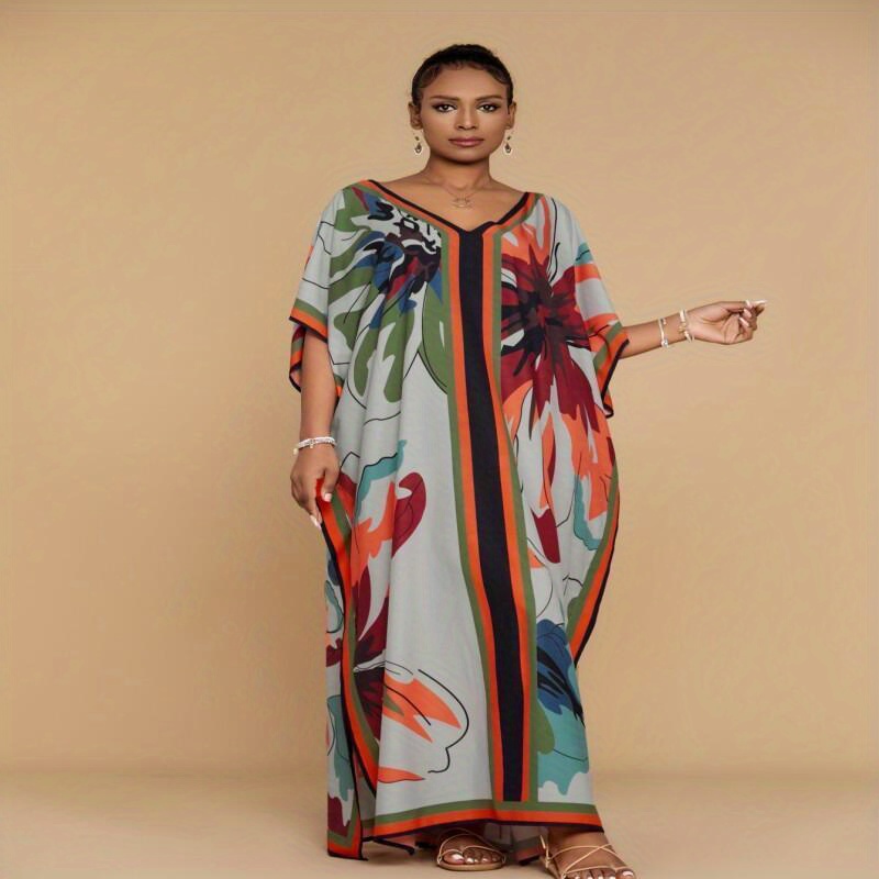 

Women's Grey Printed Kaftan Robe Loose Casual Large Size Beach Cover Up Dresses