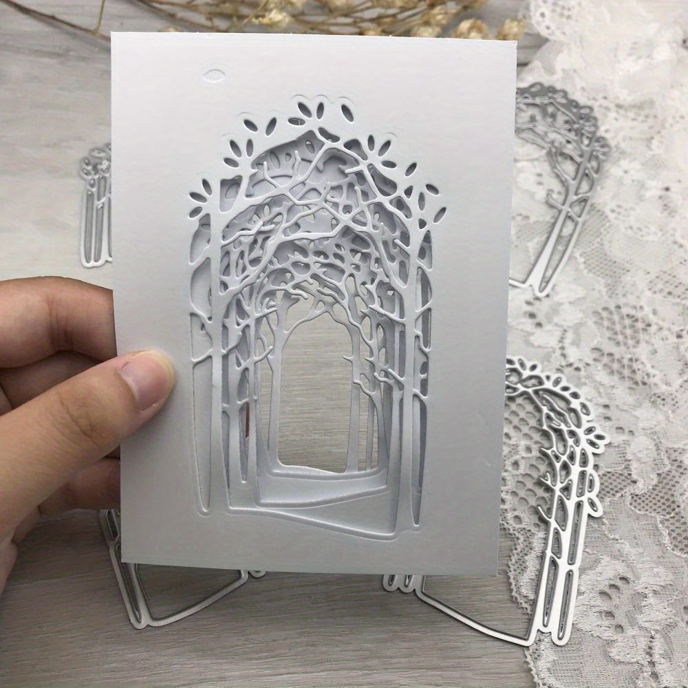 

1pcs Fantasy Forest Archway Metal Cutting Dies, Bushy Trees Die-cut Stencils For Scrapbooking, Card Making, Paper Crafts, Silver Grey Metal Decoration Mold