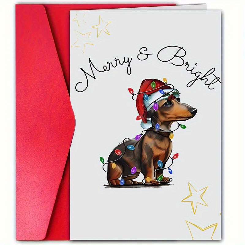 

Merry & Bright Dachshund Christmas Greeting Card With Envelope, Holiday Wishes For Anyone, Festive Seasonal Notecard, 1pc