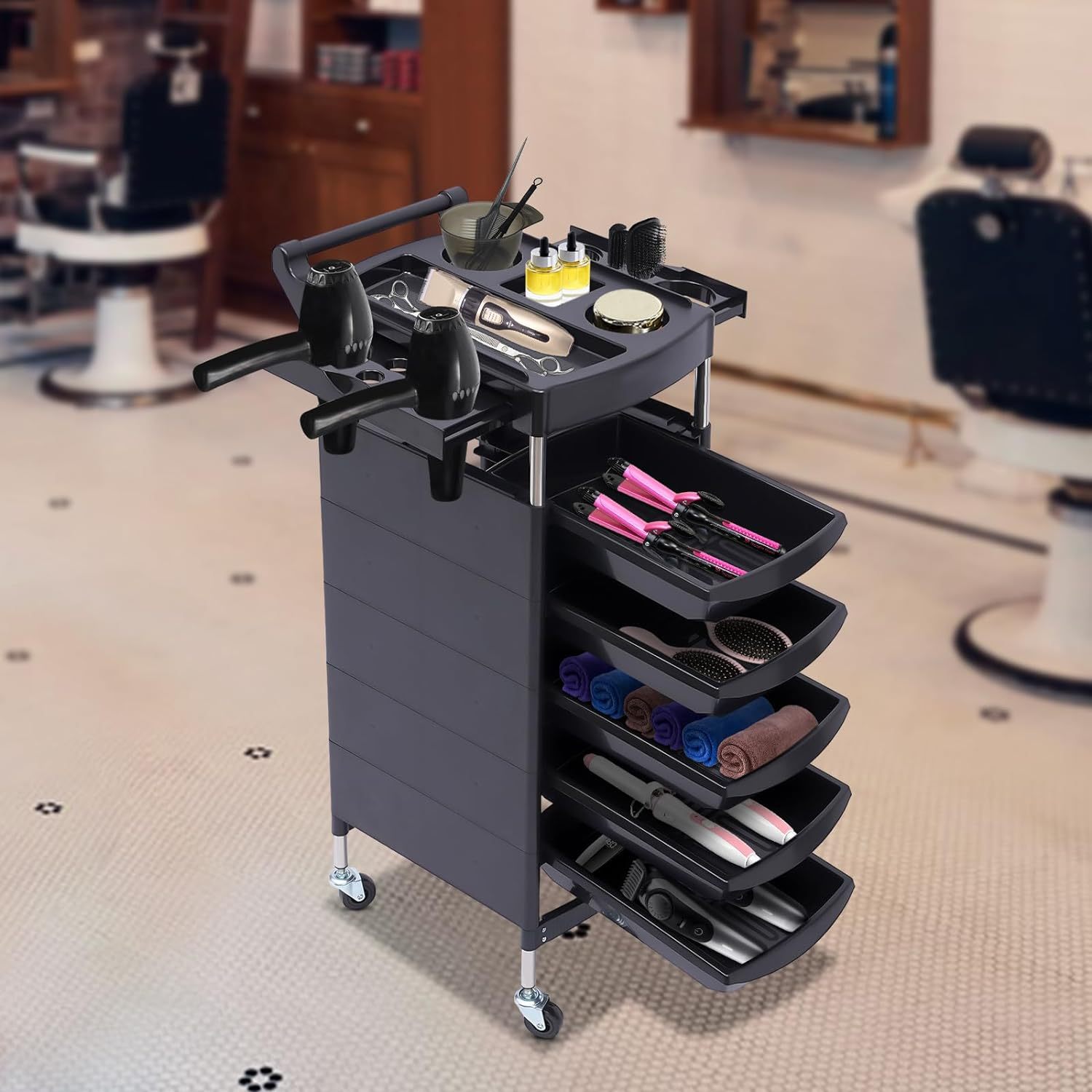 

Rolling Cart Trolley, Hairdresser Barber Shop Tool Storage Cart 35.4 Inches High With Handle And Rolling Wheels, W/5 Drawers 2 Hair Dryer Holder Side Tray Black