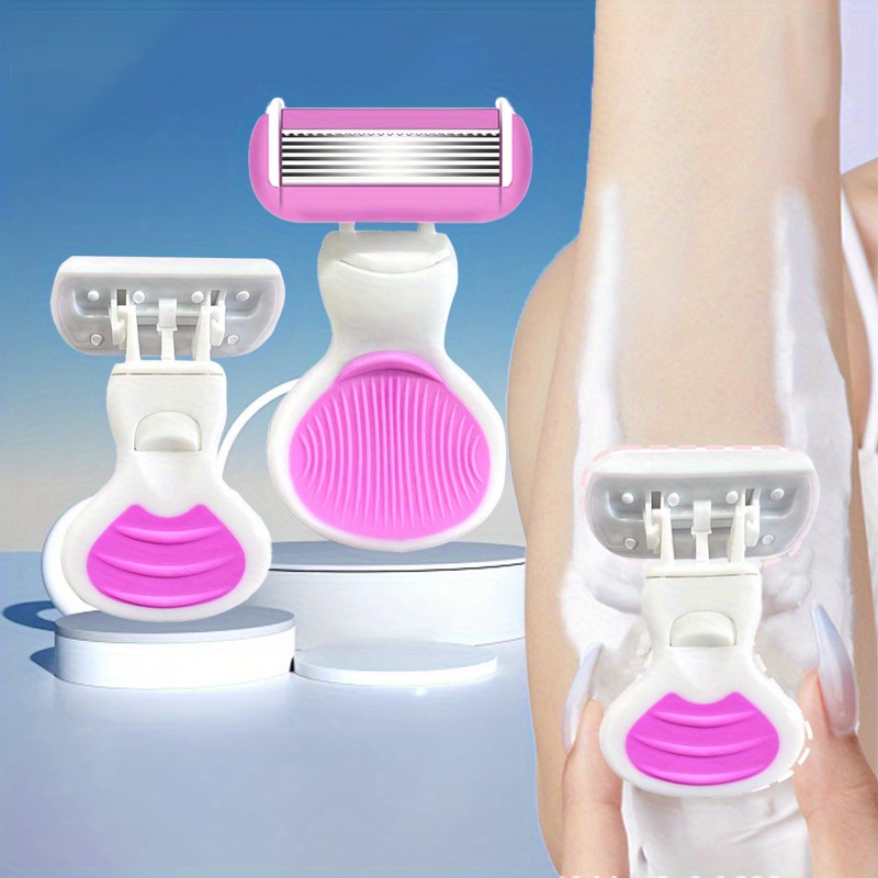 

1pc Manual Shaver With Ergonomic Pink Handle - 6-layer Blade Design For Smooth Armpit, Leg & Full Body Hair Removal, Includes Storage Base, Mini Portable Shaver