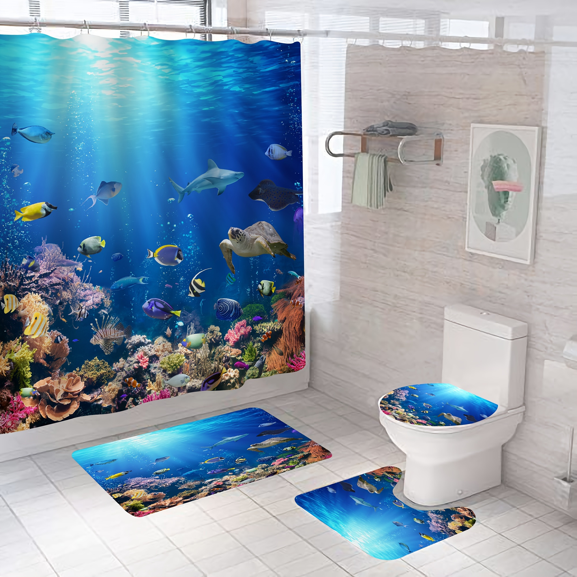 

4-piece Sea World Wonder Shower Curtain Set - Modern Decor, Water-repellent Curtain With 12 Hooks, Complete Bathroom Ensemble Including Soft Rug, Non-slip Mat, & Toilet Lid Cover