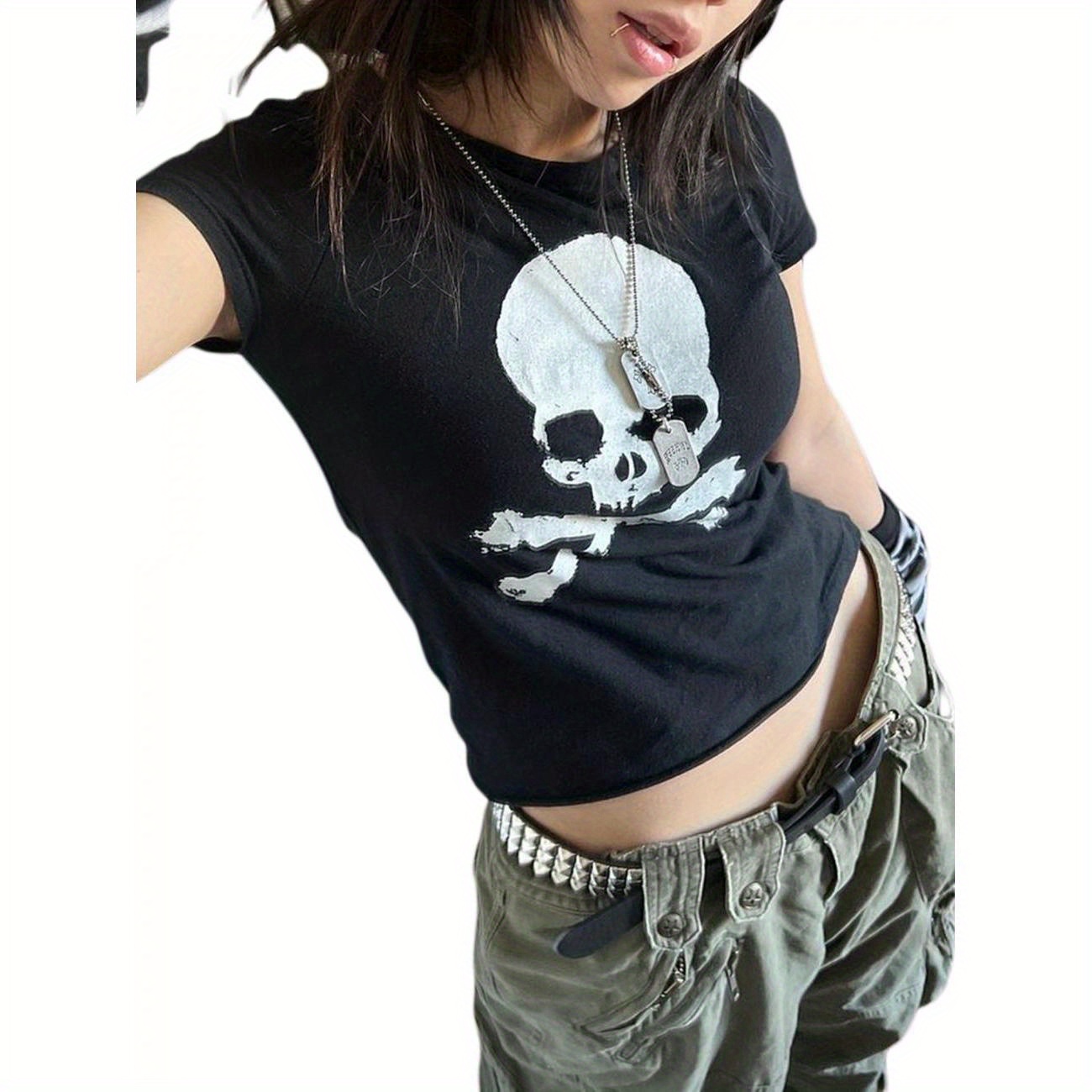 

Women Fairy Grunge Skeleton Tight Baby Tee Punk Gothic Fairycore Short Sleeve Crewneck Tshirt Casual Fitted Crop Top Summer Streetwear Preppy Academia Style