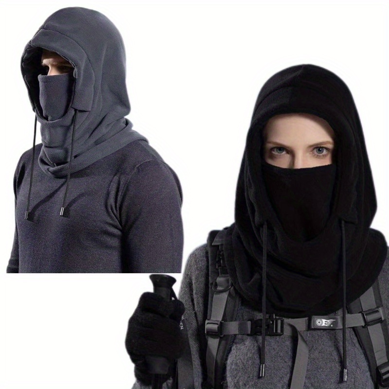 TEMU Winter Balaclava Hood - Unisex Woven Textile Drawstring Ski Mask, Windproof Motorcycle Riding Headwear, Solid Color Outdoor Warmth Headgear With Over 80% Textile Content - For Cold Weather Activities