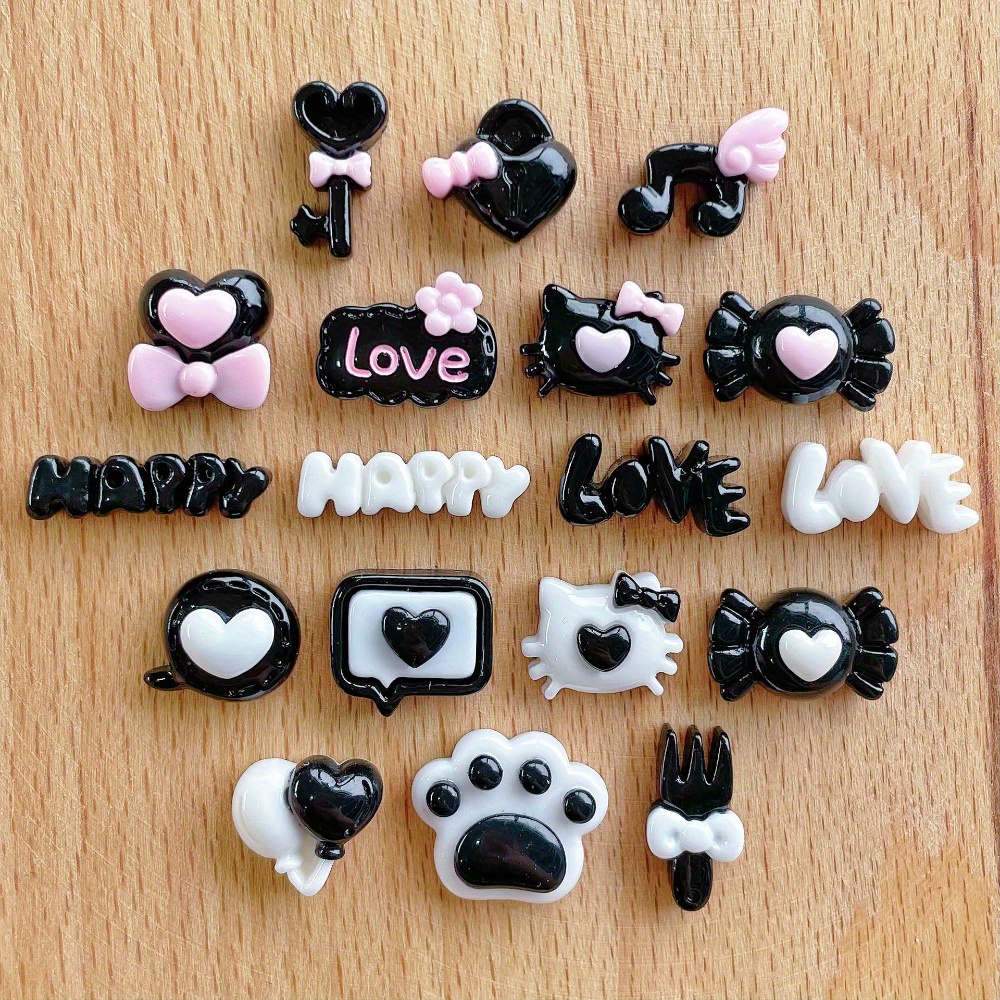 

18pcs Mini Resin Charms Set In Black, White & Pink - Diy Nail Art, Hair Clips & Phone Case Decorations