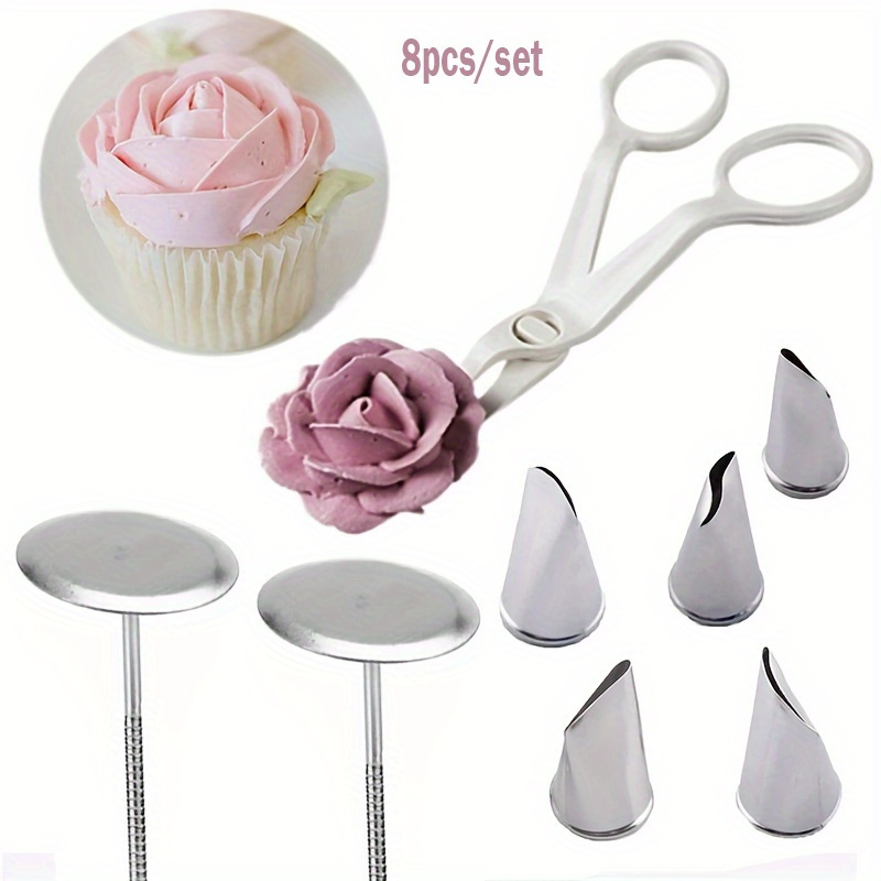 TEMU 8pcs Stainless Steel Cake Decorating Set - Includes Flower Scissors, Tulip & Rose Piping Tips, Fondant Lifter & Icing Spatula For Baking And
