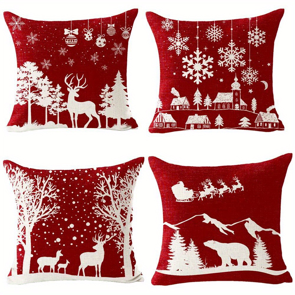 

Set Of 4 Christmas Linen Blend Throw Pillow Covers 18x18 Inch, Contemporary Woven Pillow Cases With Zipper Closure, Machine Washable, Reindeer Snowflake Santa Patterns For Various Room Decorations