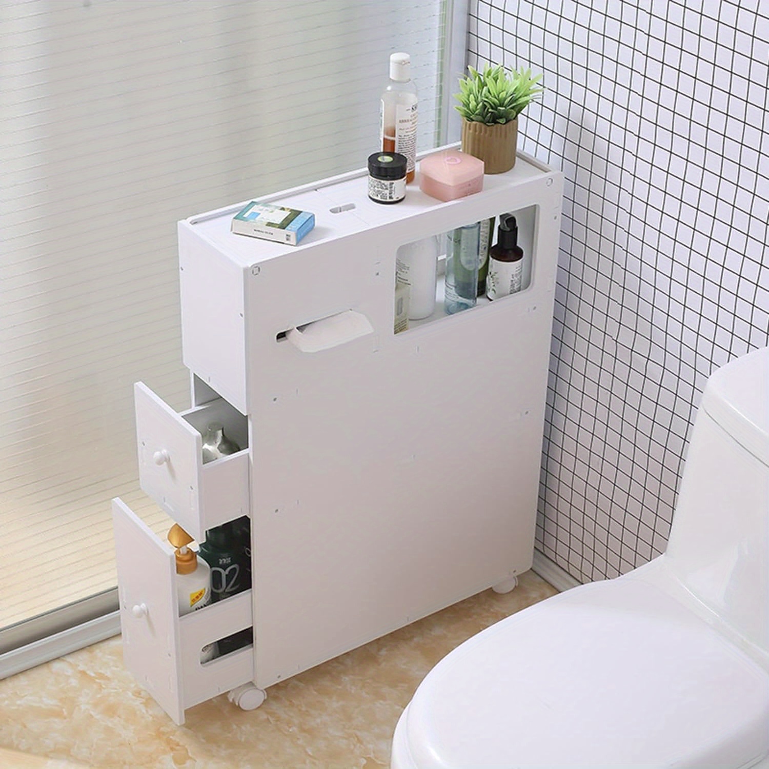 

Toilet Slim Bathroom Storage Cabinet, Narrow Cabinet With Drawer And Wheel, 2 Drawers Toilet Slim Floor Cabinet For Bathroom, White