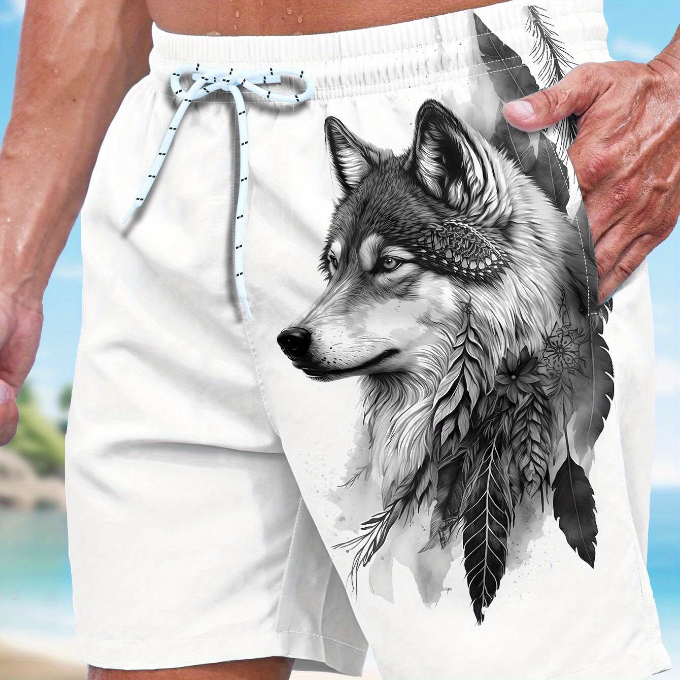 

Men's & Pool Shorts - Stylish Drawstring Swim Trunks With 3d Wolf Print, Quick-dry Polyester, Summer, Summer Apparel|drawstring Trunks|