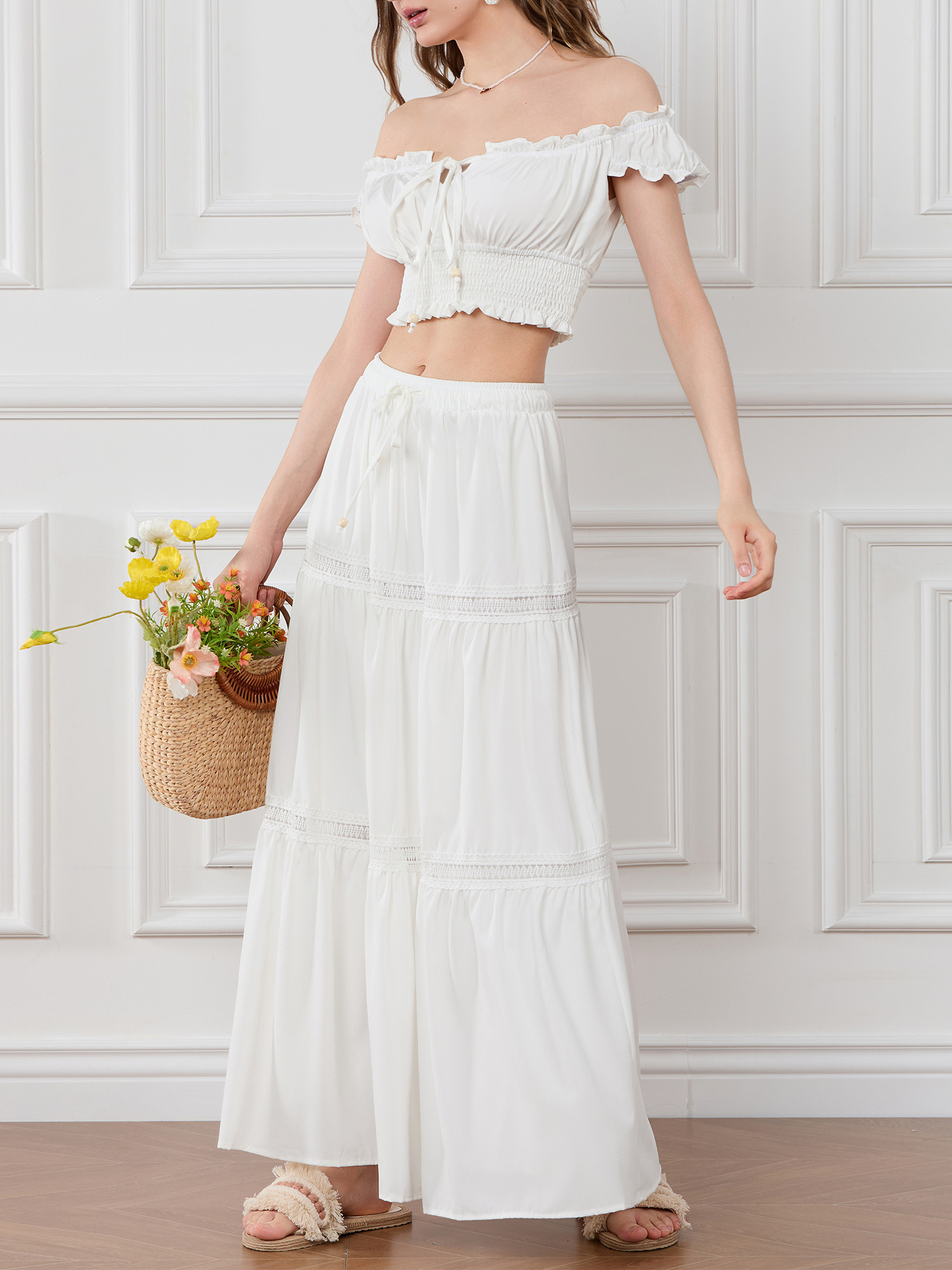 Boho White Crop Top And Maxi Skirt Set Skirt Set Summer Lace Maxi