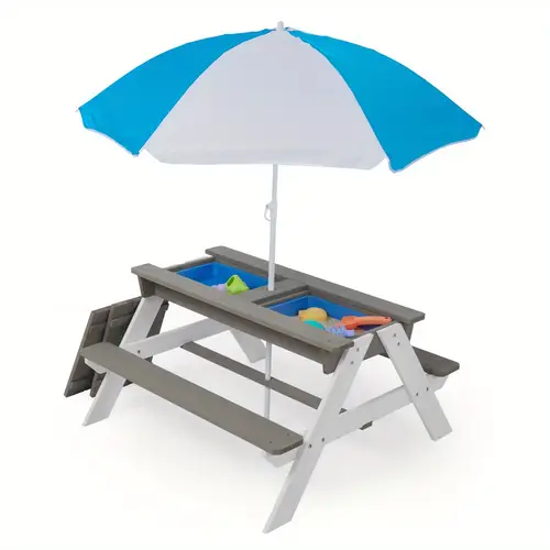 3 in 1 kids picnic table with adjustable blue white striped umbrella convertible activity table foldable modern gray outdoor furniture for garden backyard beach garden play furniture design sturdy construction