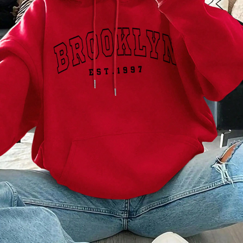 

Brooklyn Print Kangaroo Pocket Hoodie, Casual Long Sleeve Hoodies Sweatshirt, Women's Clothing