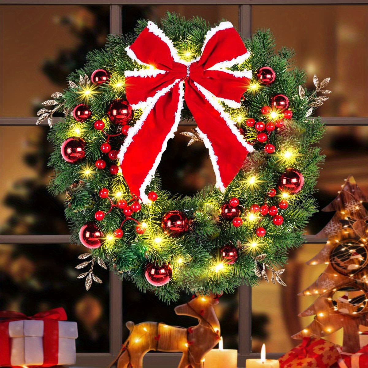 

40cm Pre Lit Christmas Wreath, Christmas Bow And Colored Balls Lighted Wreath Christmas For Front Door Gate Wall Christmas Party Decorations Battery Operated(not Included)