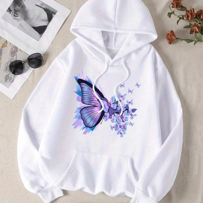 

Butterfly Print Hoodie, Drawstring Casual Hooded Sweatshirt For Fall & Spring, Women's Clothing