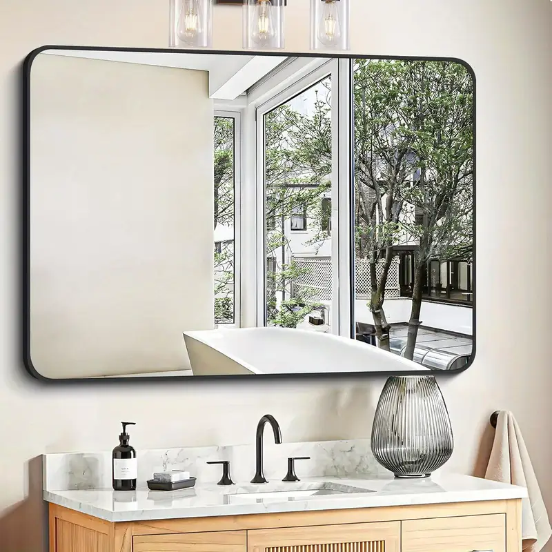 Espejo De Baño ELEMENTO Bronce 24x36 Pulgadas - Marco Metal, Vidrio Templado, Se Cuelga Horizontal/vertical, Moderno